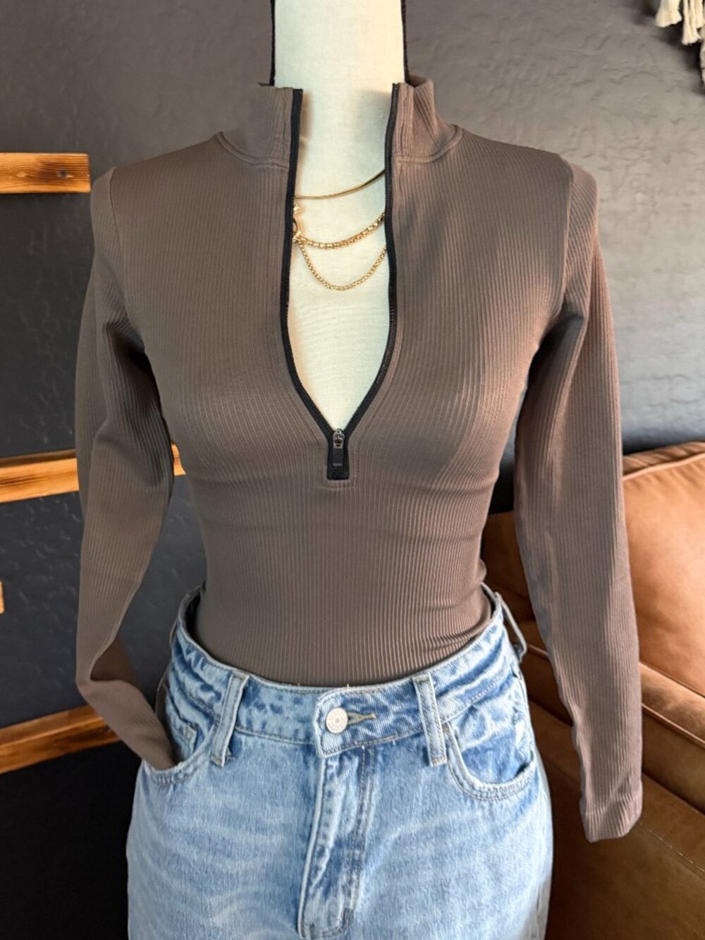 Long Sleeve Bodycon Mock-neck Bodysuit - Taupe